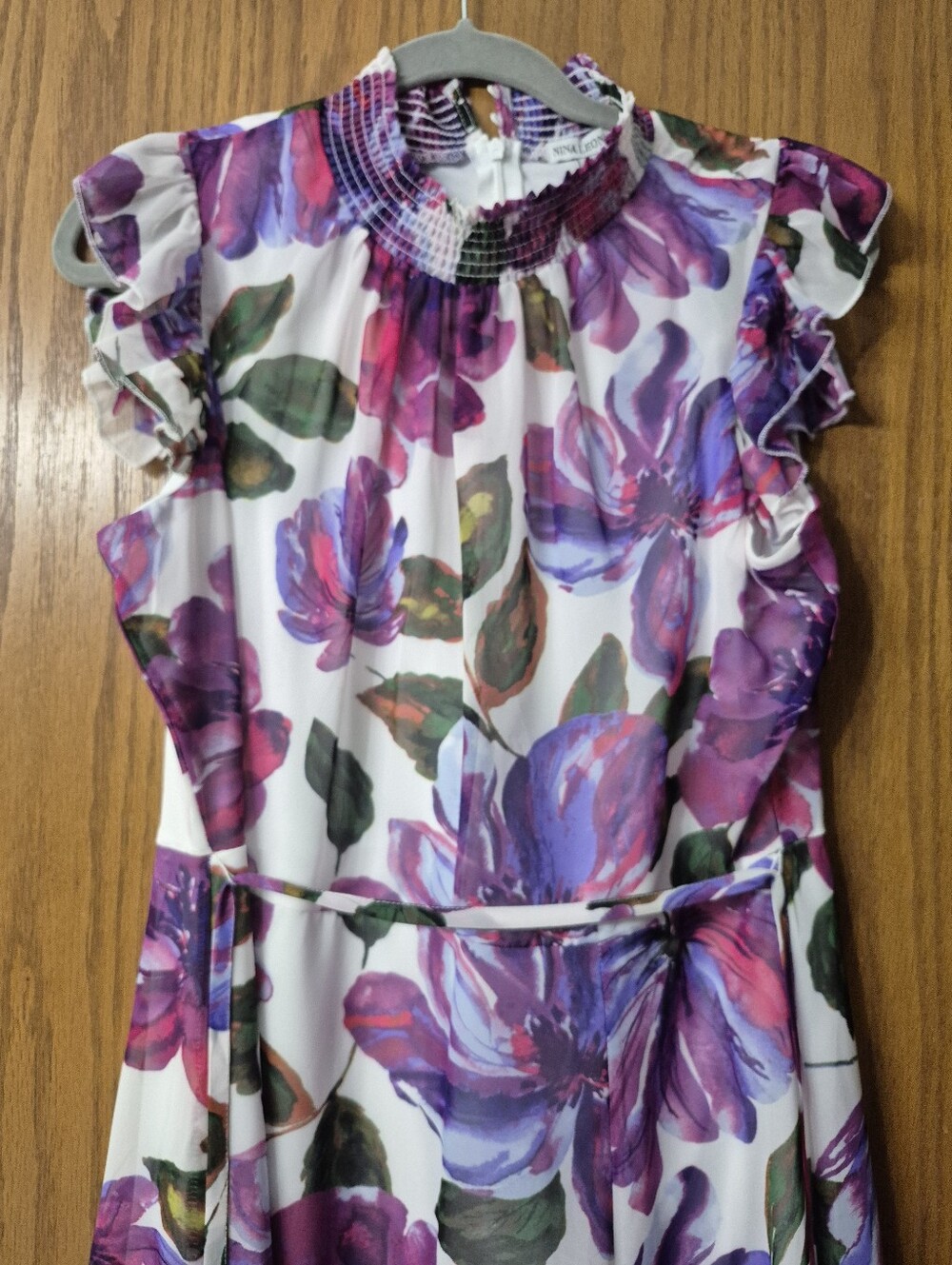 Floral Ruffled Neck Sleeveless Dress - Purple & Green Floral